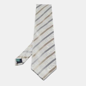 Valentino Vintage Grey Striped Paisley Pattern Jacquard Silk Tie