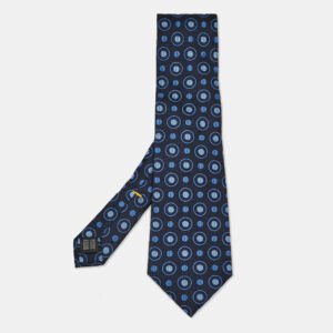 Gianfranco Valentino Vintage Navy Blue Patterned Silk Jacquard Traditional Tie