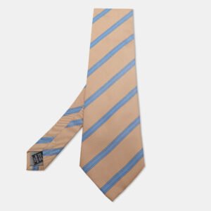 Valentino Beige & Blue Diagonal Striped Silk Vintage Tie