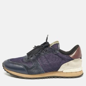 Valentino Blue/Grey Leather and Mesh Rockrunner Lace Up Sneakers Size 44