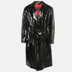 versace black coated cotton button front belted overcoat l