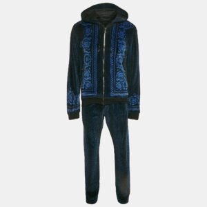 Versace Navy Blue Floral Print Velvor Track Suit M