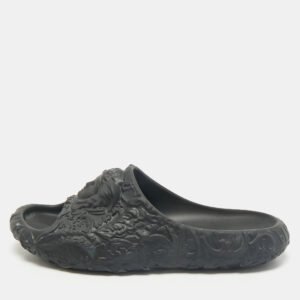 Versace Black Baroque Embossed Rubber Pool Slide Flats Size 42