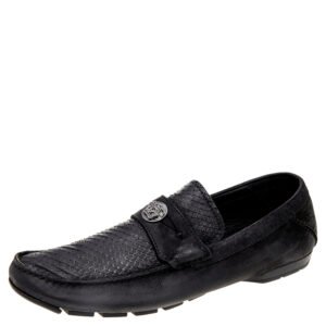 Versace Black Nubuck Leather and Python Medusa Loafers Size 41