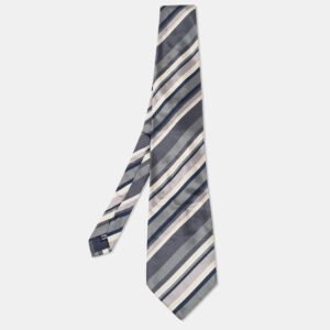 Yves Saint Laurent Vintage Grey Striped Silk Tie