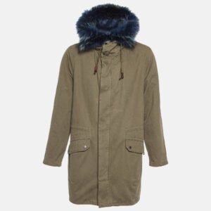 Yves Salomon X Harrods Green/Blue Fur and Gabardine Long Hooded Jacket M