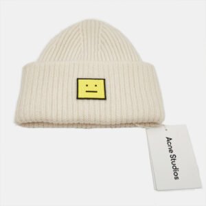 Acne Studio Ivory Rib Knit Evil Face Logo Beanie One Size