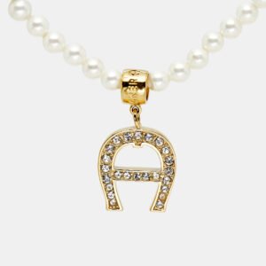 Aigner Logo Faux Pearl Crystal Gold Tone Necklace
