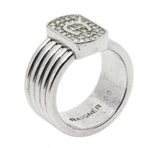 Aigner Silver Tone Crystal Logo Band Ring Size EU 56