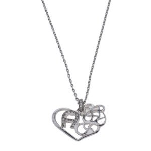 Aigner Silver Tone Crystal Logo Heart Pendant Necklace