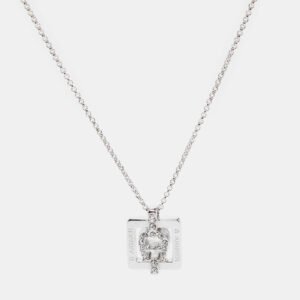 Aigner Silver Tone Square Crystal Logo Pendant Necklace