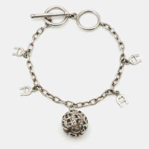 Aigner Sterling Silver Crystal Logo Charm Bracelet