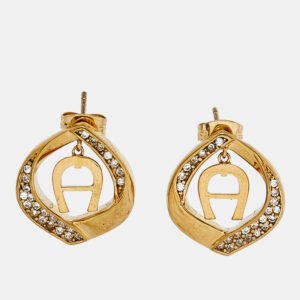 Aigner Gold Tone Logo Crystal Detail Stud Earrings