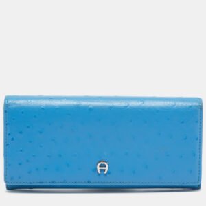 Aigner Blue Ostrich Embossed Leather Logo Continental Wallet