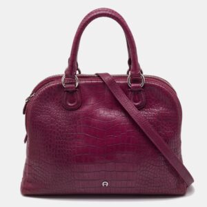 Aigner Magenta Croc Embossed Leather Double Zip Satchel