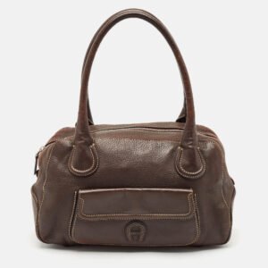 luxury-women-aigner-used-handbags-p1131692-014 Aigner Dark Brown Leather Front Pocket Satchel