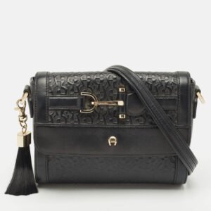 Aigner Black Leather Logo Embossed Flap Crossbody Bag