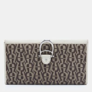 Aigner Off White/Brown Leather and Signature Canvas Continental Wallet