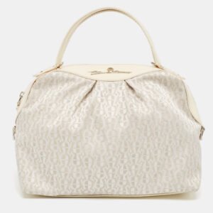 Aigner White/Cream Monogram Canvas and Patent Leather Logo Satchel