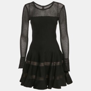 Alaia Black Wool Blend Knit Fit and Flare Mini Dress M