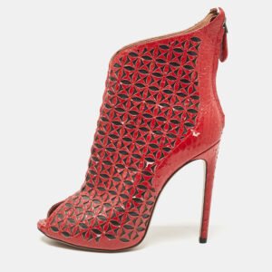Alaia Red Laser Cut Python Peep Toe Booties Size 40