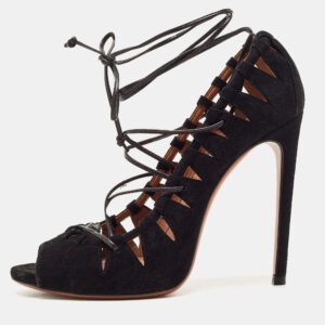 Alaia Black Suede Scallop Trim Open Toe Pumps Size 39.5