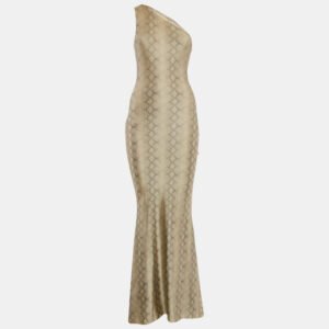 Alek Adorian Couture Beige Snake Print Jersey Asymmetric One-Shoulder Maxi Dress S
