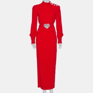 Alessandra Rich Red Crepe Embellished Button Belted Gown M
