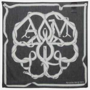 Alexander McQueen Navy Blue Printed Cotton Blend Scarf