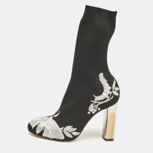 Alexander McQueen Black/Silver Embroidered Knit Fabric Ankle Boots Size 37