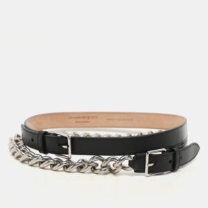 Alexander McQueen Black Leather and Chain Skinny Double Waist Belt 70CM