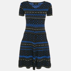 Alexander McQueen Black/Blue Patterned Stipe Knit Short Dress S