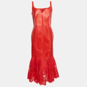 Alexander McQueen Red Leather and Lace Peplum Midi Dress M