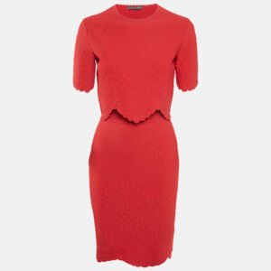 Alexander McQueen Red Textured Stretch Knit Scallop Hem Top and Skirt Set M/XS