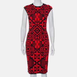 luxury-women-alexander-mcqueen-used-clothes-p421043-008 Alexander McQueen Red & Black Jacquard Knit Sheath Dress M