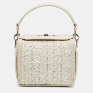 luxury-women-alexander-mcqueen-used-handbags-p1109197-002 Alexander McQueen White Leather and Tweed Box 19 Shoulder Bag