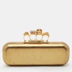 alexander mcqueen gold leather skull crystals knuckle box clutch