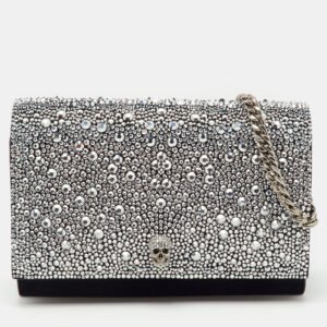 alexander mcqueen black suede crystal embellished skull flap chain clutch