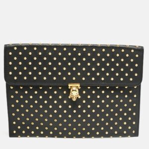 alexander mcqueen black leather studded flat skull clutch