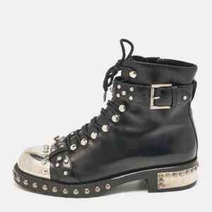 Alexander McQueen Black Leather Hobnail Ankle Length Boots Size 38