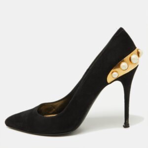 Alexander McQueen Black Suede Gold Trimmed Faux Pearl Pumps Size 39