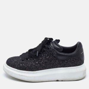 Alexander McQueen Black Glitter and Leather Oversized Low Top Sneakers Size 36