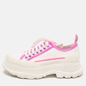Alexander McQueen White/Neon Pink Canvas and Leather Slick Chunky Sneakers Size 38.5