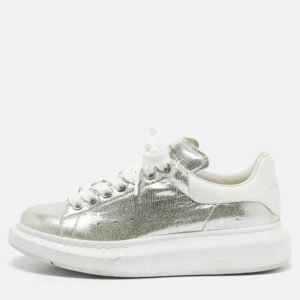 Alexander McQueen Silver Leather Oversized Lace Up Sneakers Size 40