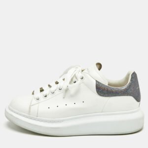 Alexander McQueen White Leather and Glitter Oversized Low Top Sneakers Size 39.5