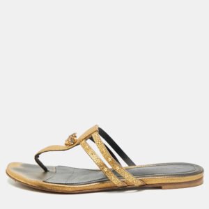 Alexander McQueen Gold Leather Embellished Skull Thong Flats Size 38