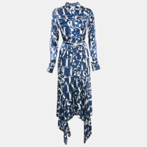 Alexis Blue/White Monogram Satin Asymmetric Marvella Dress XS