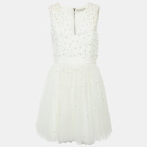 Alice + Olivia White Beads Embroidered Tulle Flared Mini Dress L