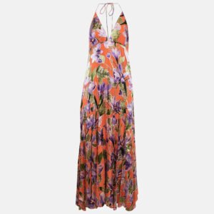 Alice + Olivia Orange Floral Print Chiffon Halter Neck Maxi Dress M