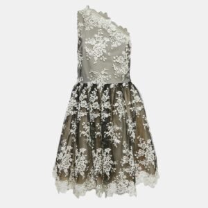 Alice + Olivia Black Embroidered Tulle One-Shoulder Mini Morganne Dress M